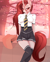 Size: 2800x3500 | Tagged: safe, artist:chapaevv, oc, oc only, oc:isis, unicorn, anthro, anthro oc, big breasts, breasts, cherry blossoms, clothes, female, flower, flower blossom, high res, highschool, japan, looking at you, mare, necktie, outdoors, red hair, school uniform, sitting, solo, stockings, thigh highs