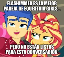 Size: 640x569 | Tagged: safe, edit, edited screencap, screencap, flash sentry, sunset shimmer, cheer you on, equestria girls, g4, my little pony equestria girls: better together, caption, cropped, female, image macro, male, meme, ship:flashimmer, shipping, spanish, straight, text, translated in the comments