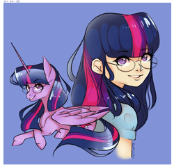 Size: 704x677 | Tagged: safe, artist:schnoodlie, twilight sparkle, alicorn, human, pony, g4, blue background, bust, cute, female, glasses, human ponidox, humanized, looking at you, mare, prone, self ponidox, simple background, smiling, twiabetes, twilight sparkle (alicorn)