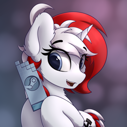 Size: 2400x2400 | Tagged: safe, artist:av-4, oc, oc:stock piston, pony, unicorn, high res, looking at you, red hair, simple background, steam, trophy, white hair