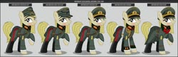 Size: 1280x413 | Tagged: safe, artist:brony-works, oc, oc only, earth pony, pony, boots, clothes, earth pony oc, eyelashes, female, general, greatcoat, hat, helmet, iron cross, mare, nazi germany, raised hoof, reference sheet, shoes, smiling, uniform, wehrmacht, world war ii