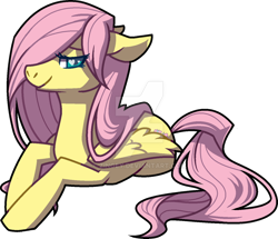 Size: 1024x879 | Tagged: safe, artist:zingey, fluttershy, pegasus, pony, g4, cute, deviantart watermark, female, hair over one eye, heart eyes, lidded eyes, mare, obtrusive watermark, prone, shyabetes, simple background, solo, transparent background, watermark, wingding eyes