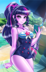 Size: 800x1237 | Tagged: safe, alternate version, artist:racoonsan, color edit, edit, editor:drakeyc, sci-twi, twilight sparkle, equestria girls, equestria girls specials, g4, my little pony equestria girls: better together, my little pony equestria girls: forgotten friendship, adorasexy, anime, beach, beach babe, beautiful, blue swimsuit, book, clothes, colored, cute, female, geode of telekinesis, looking at you, magical geodes, nail polish, ocean, one-piece swimsuit, ponytail, sand, sci-twi swimsuit, sexy, sexy egghead, skin color edit, sleeveless, smiling, solo, striped swimsuit, swimsuit, tricolor swimsuit, twiabetes