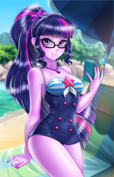 Size: 800x1237 | Tagged: safe, alternate version, artist:racoonsan, color edit, edit, editor:drakeyc, sci-twi, twilight sparkle, equestria girls, equestria girls series, forgotten friendship, g4, adorasexy, anime, beach, beach babe, beautiful, blue swimsuit, book, breasts, busty sci-twi, clothes, colored, cute, female, geode of telekinesis, glasses, looking at you, magical geodes, nail polish, ocean, one-piece swimsuit, ponytail, sand, sci-twi swimsuit, sexy, sexy egghead, skin color edit, sleeveless, smiling, solo, striped swimsuit, swimsuit, tricolor swimsuit, twiabetes