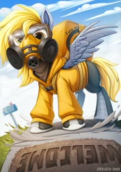 Size: 796x1126 | Tagged: safe, artist:hattiezazu, derpy hooves, pegasus, pony, g4, badass, boots, clothes, converse, coronavirus, covid-19, delivery, delivery pony, epic derpy, female, food, gas mask, hoodie, mask, ppe, respirator, shoes, solo