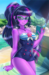 Size: 800x1237 | Tagged: safe, alternate version, artist:racoonsan, color edit, edit, editor:drakeyc, sci-twi, twilight sparkle, equestria girls, equestria girls series, forgotten friendship, g4, adorasexy, anime, beach, beach babe, beautiful, blue swimsuit, book, clothes, colored, cute, female, geode of telekinesis, glasses, looking at you, magical geodes, midnight sparkle, midnightabetes, nail polish, ocean, one-piece swimsuit, ponytail, sand, sexy, sexy egghead, skin color edit, sleeveless, smiling, solo, striped swimsuit, swimsuit, tricolor swimsuit, twiabetes