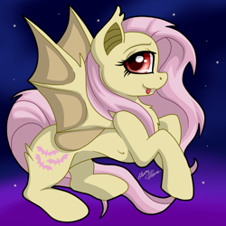 Size: 3066x3067 | Tagged: safe, artist:gleamydreams, fluttershy, bat pony, pony, g4, bat ponified, bat wings, fangs, female, flutterbat, high res, looking at you, mare, race swap, red eyes, solo, tongue out, wings