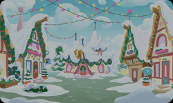 Size: 954x572 | Tagged: safe, gameloft, g4, background, building, bush, christmas, christmas lights, cloud, holiday, no pony, ponyville, snow