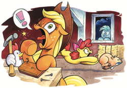 Size: 1234x854 | Tagged: safe, artist:andy price, idw, apple bloom, applejack, big macintosh, bird, chicken, earth pony, pig, pony, g4, spoiler:comic, spoiler:comicholiday2015, apple siblings, apple sisters, barn, brother and sister, chase, cloven hooves, cropped, exclamation point, female, filly, foal, hammer, hay bale, male, mare, mouth hold, nail, one eye closed, pain, pictogram, screwdriver, siblings, simple background, sisters, speech bubble, stallion, tongue out, white background, window, wing hands, wing hold, wings