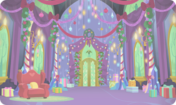 Size: 954x572 | Tagged: safe, gameloft, g4, background, christmas, christmas lights, christmas wreath, couch, cushion, holiday, indoors, no pony, present, twilight's castle, wreath
