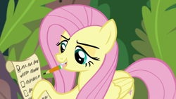 Size: 1280x720 | Tagged: safe, screencap, angel bunny, fluttershy, pegasus, pony, g4, she talks to angel, body swap, checklist, female, mare, mouth hold, pencil, solo