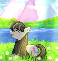 Size: 1500x1590 | Tagged: safe, artist:spoosha, octavia melody, earth pony, pony, g4, cute, dandelion, eyes closed, female, flower, mare, open mouth, outdoors, palindrome get, profile, prone, pure, river, solo, tavibetes, wholesome