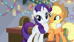 Size: 1280x720 | Tagged: safe, screencap, applejack, rarity, g4, mystery voice, christmas lights, duo, holiday, hoof around neck