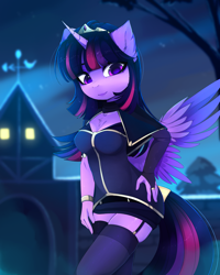 Size: 3666x4573 | Tagged: safe, artist:magnaluna, twilight sparkle, alicorn, anthro, bracelet, breasts, chest fluff, cleavage, cloak, clothes, crown, cute, ear fluff, evening gloves, female, fingerless elbow gloves, fingerless gloves, garter belt, garters, gloves, hand on hip, jewelry, long gloves, mare, night, reasonably sized breasts, regalia, ring, sky, socks, solo, stockings, thigh highs, twiabetes, twilight sparkle (alicorn), wristband
