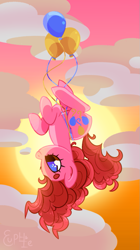 Size: 539x960 | Tagged: safe, artist:vivian reed, pinkie pie, earth pony, pony, g4, balloon, cloud, cute, diapinkes, female, floating, flying, heart eyes, mare, no pupils, sky, solo, sun, then watch her balloons lift her up to the sky, upside down, wingding eyes