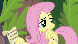 Size: 1920x1080 | Tagged: safe, screencap, angel bunny, fluttershy, pegasus, pony, g4, she talks to angel, body swap, checklist, cyan eyes, female, frown, hmm, male, mare, narrowed eyes, not fluttershy, pencil, raised eyebrow, solo, thinking, wing hands, wing hold, wings, working