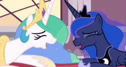 Size: 1359x727 | Tagged: safe, screencap, princess celestia, princess luna, alicorn, pony, a royal problem, g4, season 7, animated, canterlot, cute, cutelestia, duo, duo female, female, gif, laughing, laughingmares.jpg, lunabetes, lying down, mare, open mouth, open smile, prone, royal sisters, siblings, sisters, smiling