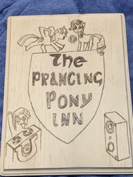 Size: 4032x3024 | Tagged: safe, artist:short tale, dj pon-3, rarity, twilight sparkle, vinyl scratch, pony, unicorn, g4, cider, crossover, dancing, lord of the rings, musical instrument, parody, pyrography, sign, smiling, smiling at you, tavern, the prancing pony, traditional art