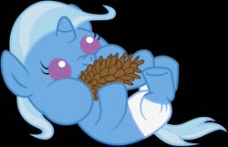 Size: 1113x718 | Tagged: safe, artist:beckiergb, trixie, pony, unicorn, g4, baby, baby pony, baby trixie, cute, daaaaaaaaaaaw, diaper, diatrixes, female, foal, herbivore, hnnng, nom, on back, pinecone, simple background, solo, trixie eating pinecones, younger