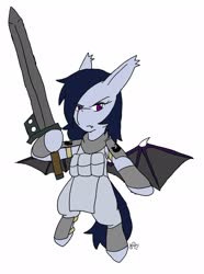 Size: 1524x2048 | Tagged: safe, artist:omegapony16, oc, oc only, oc:oriponi, bat pony, pony, armor, bat pony oc, bat wings, clothes, female, frown, hoof hold, mare, scarf, signature, simple background, solo, sword, weapon, white background, wings