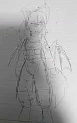 Size: 1279x2048 | Tagged: safe, artist:omegapony16, oc, oc only, oc:oriponi, bat pony, anthro, unguligrade anthro, armor, bat pony oc, bat wings, clothes, female, lineart, lined paper, scarf, soldier, solo, traditional art, vest, wings