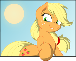 Size: 2723x2202 | Tagged: safe, artist:grinning-alex, artist:joey darkmeat, applejack, earth pony, pony, g4, cute, female, hatless, high res, jackabetes, mare, missing accessory, sky, smiling, solo, sun