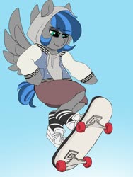 Size: 768x1024 | Tagged: safe, artist:littlebibbo, oc, oc only, oc:bibbo, pegasus, pony, semi-anthro, arm hooves, clothes, female, freckles, gradient background, hoodie, lidded eyes, looking down, mare, shoes, shorts, skateboard, skateboarding, sneakers, spread wings, wings