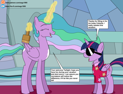 Size: 4513x3429 | Tagged: safe, artist:eagc7, princess celestia, twilight sparkle, alicorn, pony, g4, the last problem, brush, clothes, comic, dialogue, disguise, duo, duo female, female, hawaiian shirt, ko-fi, mare, paint, paint on fur, patreon, plot twist, shade, shirt, text, that explains everything, throne room, twilight sparkle (alicorn), what a twist