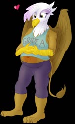 Size: 778x1280 | Tagged: safe, artist:sixes&sevens, gilda, griffon, anthro, plantigrade anthro, g4, belly, belly blush, belly button, big belly, black background, breasts, busty gilda, clothes, female, floating heart, hands on belly, heart, midriff, mom gilda, outie belly button, pants, pregnant, simple background, smiling, solo, tank top