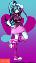 Size: 576x1000 | Tagged: safe, artist:srasomeone, sonata dusk, human, equestria girls, g4, blue background, boots, breasts, busty sonata dusk, clothes, cutie mark background, female, gem, gradient background, hand on hip, jacket, latex, looking at you, microphone, patreon, platform shoes, pose, purple background, raised leg, shiny, shoes, simple background, siren gem, skirt, smiling, smirk, solo, spiked wristband, watermark, wristband