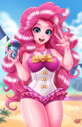 Size: 800x1237 | Tagged: safe, artist:racoonsan, color edit, edit, editor:drakeyc, pinkie pie, equestria girls, equestria girls series, g4, too hot to handle, adorasexy, anime, beach, beach babe, beautiful, bow swimsuit, breasts, busty pinkie pie, clothes, colored, curvy, cute, diapinkes, female, frilled swimsuit, geode of sugar bombs, jewelry, looking at you, magical geodes, nail polish, necklace, one-piece swimsuit, open mouth, peace sign, pink swimsuit, pinkie pie swimsuit, ponk, sexy, skin color edit, smiling, snow cone, solo, standing, stupid sexy pinkie, swimsuit, thighs, tricolor swimsuit