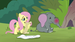Size: 1920x1080 | Tagged: safe, screencap, angel bunny, fluttershy, muriel, elephant, pegasus, pony, g4, she talks to angel, baby elephant, body swap, duo, female, frown, indifferent, lidded eyes, list, male, mare, not fluttershy, pleased, raised eyebrow, reading, red nosed, smiling, smirk, swollen, wing hands, wing hold, wings