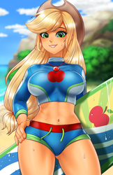 Size: 800x1237 | Tagged: safe, artist:racoonsan, color edit, edit, editor:drakeyc, applejack, equestria girls, equestria girls specials, g4, my little pony equestria girls: better together, my little pony equestria girls: forgotten friendship, abs, adorasexy, applejack's hat, applejacked, beach, belly button, big breasts, breasts, busty applejack, clothes, colored, cowboy hat, cute, female, freckles, geode of super strength, hat, jackabetes, jewelry, looking at you, magical geodes, midriff, muscles, necklace, ocean, sand, sexy, skin color edit, solo, stupid sexy applejack, surfboard, swimsuit, thighs