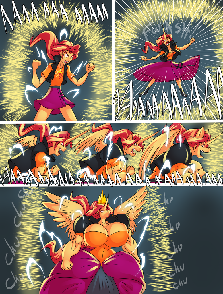 2314318 - suggestive, artist:thebigbadwolf01, sunset shimmer, alicorn,  human, anthro, equestria girls, g4, aaaaaaaaaa, alicornified, ascension  enhancement, big breasts, breast expansion, breasts, busty sunset shimmer,  clothes, comic, dragon ball ...