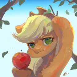 Size: 650x650 | Tagged: dead source, safe, artist:小huhu狸君呀, applejack, earth pony, pony, g4, apple, bust, chest fluff, female, food, leaf, looking at you, mare, no pupils, solo, tree branch