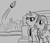 Size: 700x600 | Tagged: safe, artist:sirvalter, oc, oc only, oc:professor beaker, oc:weatherglass, pony, unicorn, fanfic:steyblridge chronicle, black and white, broken ear, clothes, duo, fanfic, fanfic art, female, forest, glasses, grayscale, gritted teeth, hooves, horn, illustration, lab coat, mare, monochrome, necktie, outdoors, research institute, rocket, scientist, test site, testing area, tree