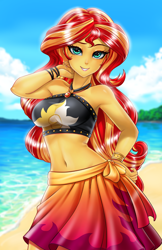 Size: 800x1237 | Tagged: safe, artist:racoonsan, color edit, edit, editor:drakeyc, sunset shimmer, equestria girls, equestria girls specials, g4, my little pony equestria girls: better together, my little pony equestria girls: forgotten friendship, adorasexy, armpits, beach, beach babe, beautiful, beautisexy, belly button, bikini, bikini babe, black swimsuit, bracelet, breasts, busty sunset shimmer, clothes, cloud, colored, cute, cutie mark swimsuit, female, geode of empathy, hand on hip, jeweled swimsuit, jewelry, looking at you, magical geodes, midriff, necklace, praise the sunset, sand, sarong, sexy, shimmerbetes, skin color edit, sky, sleeveless, smiling, solo, stupid sexy sunset shimmer, summer sunset, sunset selfie, swimsuit, water