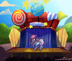 Size: 1888x1604 | Tagged: safe, artist:lilsunshinesam, trixie, pony, unicorn, g4, butt, cape, clothes, curtains, dock, embarrassed, featureless crotch, female, hat, looking back, magic, mare, plot, raised hoof, solo focus, stage, trixie's cape, trixie's hat, wince