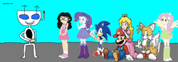 Size: 2453x862 | Tagged: safe, artist:benfanrobot2000, artist:selenaede, artist:sketchmcreations, artist:sonicsuperstar1991, artist:theshadowstone, artist:user15432, fluttershy, rarity, oc, oc:aaliyah, human, mobian, robot, equestria girls, g4, 1000 hours in ms paint, aaliyah, b.e.n, breakfast, crossover, egg (food), equestria girls style, equestria girls-ified, food, male, mario, mario & sonic, mario and sonic, miles "tails" prower, nintendo, order, ordering, ponied up, princess peach, sega, sonic the hedgehog, sonic the hedgehog (series), super mario bros.