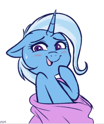 Size: 468x556 | Tagged: safe, artist:higglytownhero, edit, trixie, pony, unicorn, g4, blanket, blushing, cropped, cute, diatrixes, female, mare, open mouth, simple background, solo, sweat, sweatdrop, white background