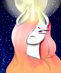 Size: 3000x3600 | Tagged: safe, artist:prismicdiamondart, princess celestia, alicorn, pony, g4, bust, eyelashes, female, full moon, glowing horn, high res, horn, mare, moon, night, pink-mane celestia, signature, solo, stars