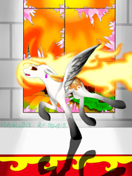 Size: 2121x2828 | Tagged: safe, artist:prismicdiamondart, daybreaker, oc, oc only, alicorn, pony, broken window, ear piercing, female, high res, mane of fire, mare, missing accessory, open mouth, piercing, running, solo, window