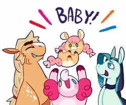 Size: 1024x851 | Tagged: safe, artist:goatpaste, applejack, coloratura, pinkie pie, oc, oc:splat pie, earth pony, pony, g4, baby, baby pony, cute, family, female, filly, freckles, height difference, lesbian, magical lesbian spawn, magical threesome spawn, mare, multiple parents, offspring, parent:applejack, parent:coloratura, parent:pinkie pie, parents:rarajackpie, polyamory, rara, ship:applepie, ship:rarajack, ship:rarajackpie, ship:rarapie, shipping, simple background, white background