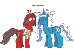 Size: 3264x2448 | Tagged: safe, artist:supahdonarudo, oc, oc only, oc:fleurbelle, oc:ironyoshi, alicorn, pony, unicorn, alicorn oc, bow, clothes, exclamation point, happy, high res, horn, ironbelle, question mark, shipping, shirt, simple background, surprised, sweat, transparent background