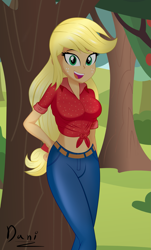 Size: 1499x2487 | Tagged: safe, artist:danielitamlp, applejack, equestria girls, g4, apple, apple tree, breasts, busty applejack, female, front knot midriff, looking at you, midriff, open mouth, solo, tree