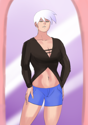 Size: 1448x2048 | Tagged: safe, alternate version, artist:annon, gilda, human, g4, clothes, denim shorts, female, humanized, jeans, mirror, muscular female, pants, short jeans, solo