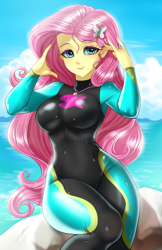 Size: 800x1237 | Tagged: safe, artist:racoonsan, color edit, edit, editor:drakeyc, fluttershy, equestria girls, equestria girls series, forgotten friendship, g4, adorasexy, anime, barrette, beach, beach babe, beautiful, big breasts, blushing, breasts, busty fluttershy, clothes, cloud, colored, curvy, cute, equestria girls outfit, eyeshadow, female, fluttershy's wetsuit, flutterthighs, geode of fauna, hairclip, hairpin, jewelry, looking at you, magical geodes, makeup, necklace, pose, seductive, sexy, shyabetes, sitting, skin color edit, skintight clothes, smiling, solo, stupid sexy fluttershy, sultry pose, swimsuit, wet, wetsuit, wide hips