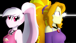 Size: 1280x720 | Tagged: safe, artist:faith-wolff, adagio dazzle, gloriosa daisy, oc, oc:eventide hymn, fanfic:the bridge, equestria girls, g4, disguise, element of generosity, element of honesty, element of kindness, element of laughter, element of loyalty, element of magic, elements of harmony, fanfic art, geode of telekinesis, jewelry, magical geodes, necklace, shocked expression