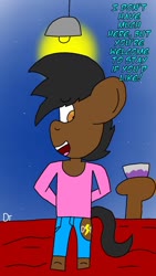 Size: 720x1280 | Tagged: safe, artist:dashing thunder, oc, oc:dashing thunder, anthro, semi-anthro, anthro oc, bedsheets, cutie mark, dialogue, drink, lampshade hanging, table