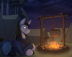 Size: 2500x2000 | Tagged: safe, artist:silverfox057, oc, oc only, oc:rough seas, earth pony, pony, american civil war, campfire, civil war, high res, kettle, night, solo, starry night, tent, tree, union